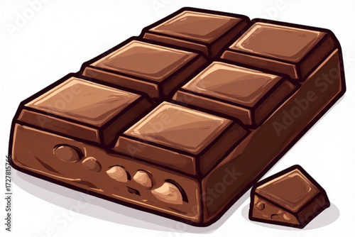 A cartoon illustration of a chocolate bar with nuts, and a small piece broken off.