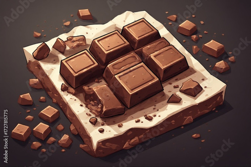 Chocolate squares arranged on a white surface with scattered crumbs against a dark background.