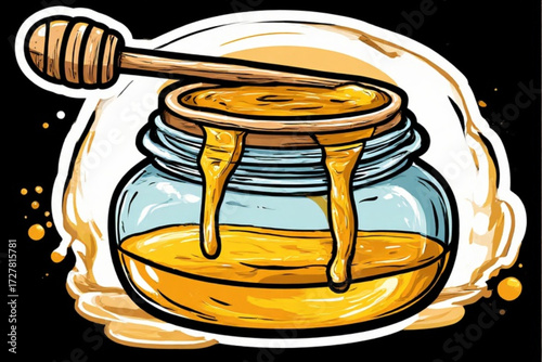 Illustration of a honey jar with a dipper, overflowing and dripping with golden honey.