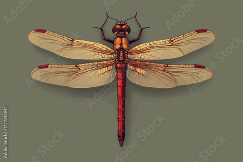 Illustration of a dragonfly with translucent wings and red markings, centered on a muted green background.