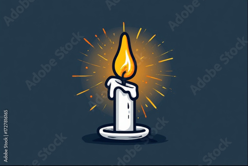 Cartoon illustration of a white candle burning with a bright flame and dripping wax on a dark blue background.