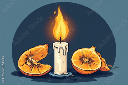 A lit candle stands between two halves of an orange, set against a dark blue backdrop.