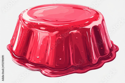 Illustration of a vibrant red gelatin dessert, showcasing its glossy texture and molded shape on a white surface.