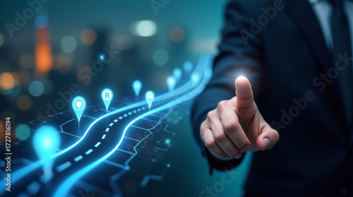 Strategic Roadmap: Executive Hand Guiding Digital Journey with Milestones Towards Business Goal

