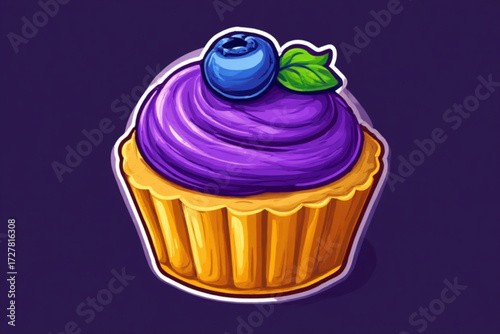 Cartoon illustration of a cupcake with purple frosting, a blueberry, and a green leaf on top.