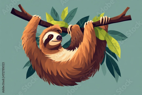 A cartoon illustration depicts a sloth hanging from a tree branch with leaves.