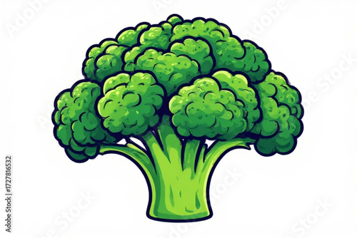 A vibrant illustration depicts a detailed and stylized green broccoli plant.