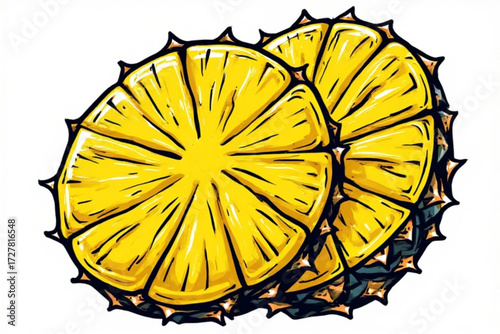 Two sliced pineapples, showing the bright yellow flesh and spiky, brown exterior.