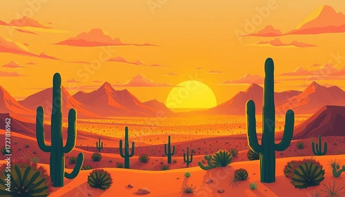 Flat cartoon desert sunset panorama, mountains, cacti , sky, sunset
