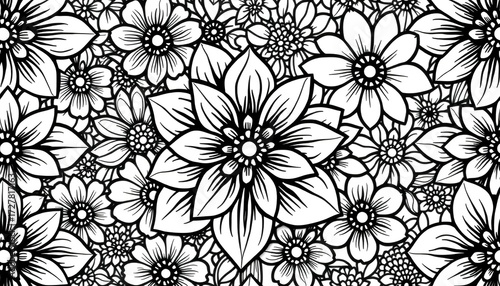 Intricate black & white hand-drawn doodle flower seamless pattern, perfect for coloring books, art, vector