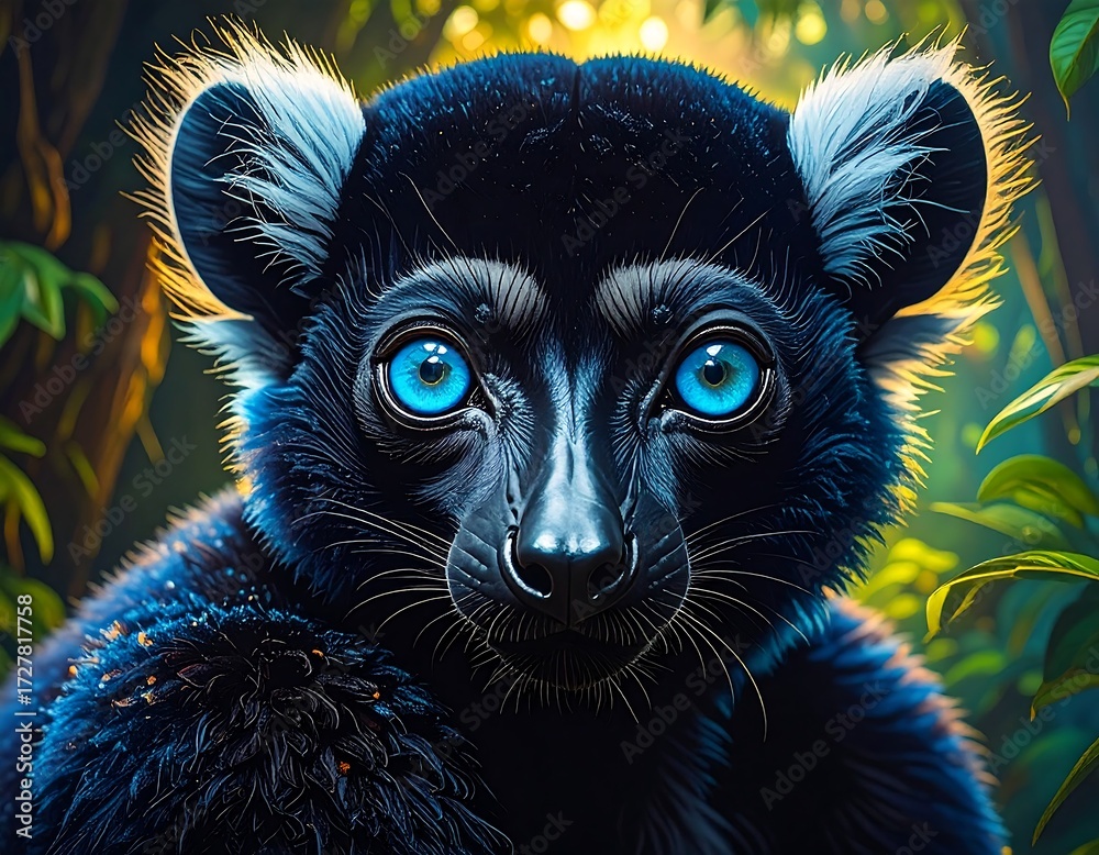 Obraz premium Close-up of a black lemur with striking blue eyes. Jungle setting