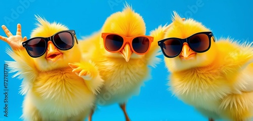 Three yellow chicks in sunglasses, playful pose, vibrant blue backdrop, design, bird