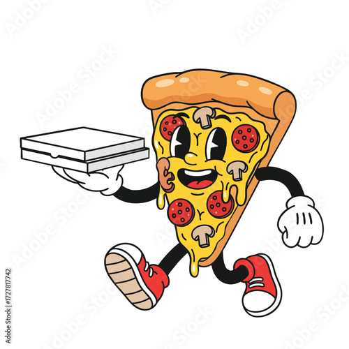 Retro Cartoon Running Pizza Slice Mascot Delivering Fast Food in Vintage Style with Delivery Boxes