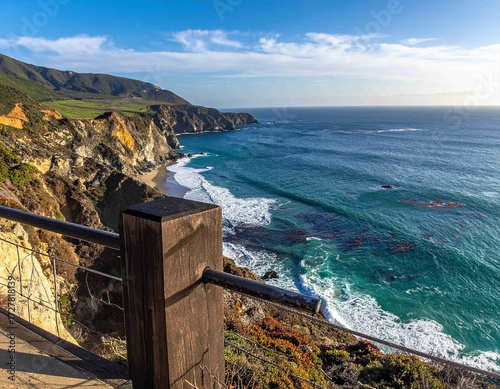 Rugged california coastline with crashing waves and scenic overlook