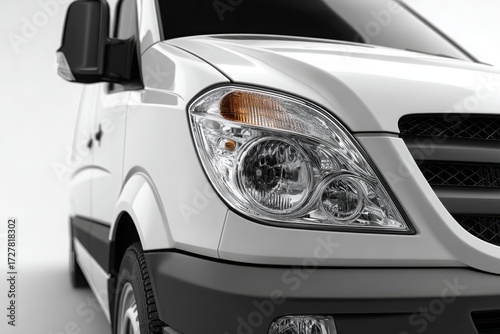 A detailed close-up of the front of a white van, showcasing its headlight and design elements, perfect for transportation and automotive industry-related visuals.
