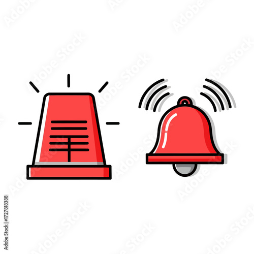 Red emergency siren light and ringing bell icons isolated on white background, symbolizing alert and danger