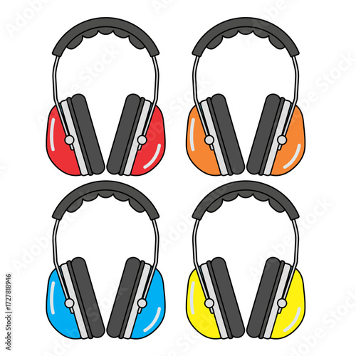 Vector illustration set of colorful safety earmuffs for hearing protection. Industrial ear defenders icon collection in various colors for workplace noise reduction concepts
