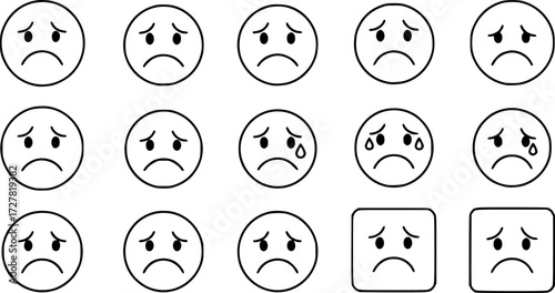 Set of sad frowning face outline vector icons