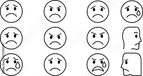 Set of sad frowning face outline vector icons