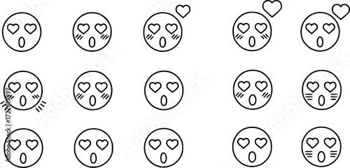Set of love struck face outline vector icons