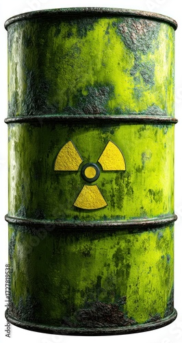 A weathered, rusted, toxic waste drum, painted a dangerous, vibrant lime green, is highlighted against a plain white background, displaying a prominent yellow radiation symbol.