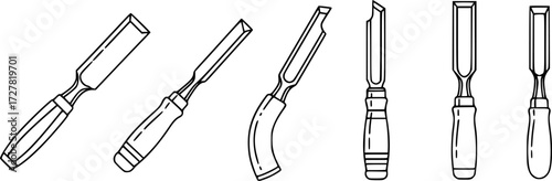 Set of chisel woodworking tool outline vector icons