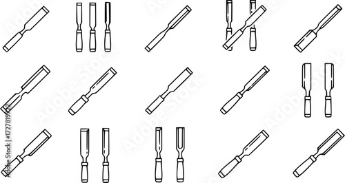 Set of chisel woodworking tool outline vector icons