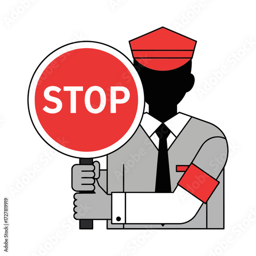 An authoritative figure in uniform prominently displays a red stop sign, signaling a clear command to halt and emphasizing safety and regulation