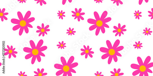 Hand drawn colorful floral vector seamless pattern in pink color, childish style. Fun doodle flower illustration. For textile, fabric,  wallpaper design.