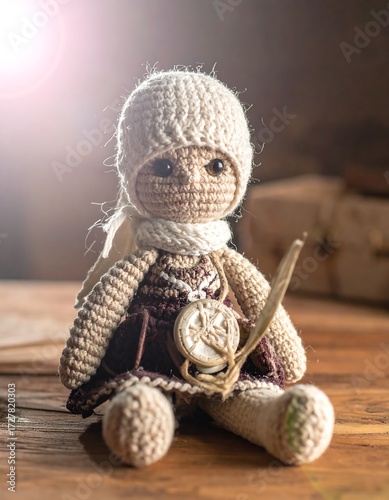 Knitted doll, sitting, on wooden table