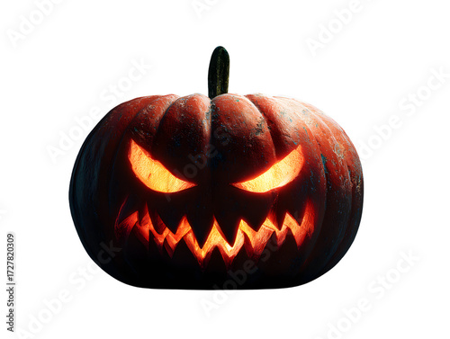 Angry Halloween pumpkin jack-o’-lantern with glowing eyes and sharp teeth isolated on transparent background, spooky bold vector illustration