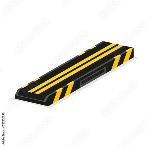 Isometric View of a Black and Yellow Striped Speed Bump Isolated on White Background