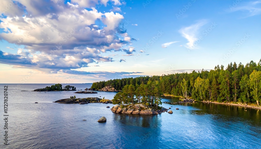 Fototapeta premium Scenic lake vista with islands and lush forest