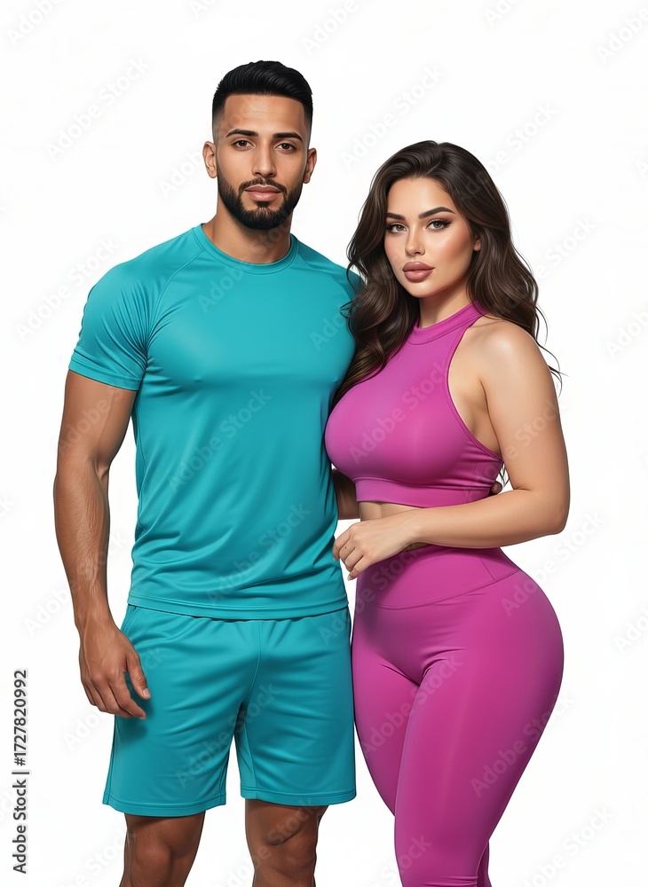 Obraz premium Athletic couple in vibrant activewear posing for a professional studio photography mockup, showcasing fitness apparel for sportswear advertisements and promoting a health-conscious lifestyle