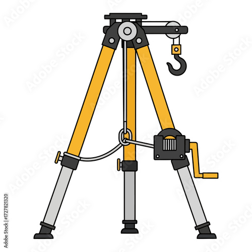 Illustration of a sturdy surveying tripod with a hoisting mechanism and hook, ready for outdoor geodetic work
