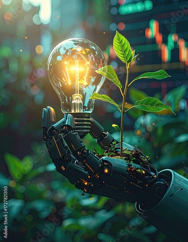 A robotic hand gently cradles a glowing lightbulb and a sprouting plant, symbolizing technological advancement fostering sustainable growth amidst a blurred city backdrop