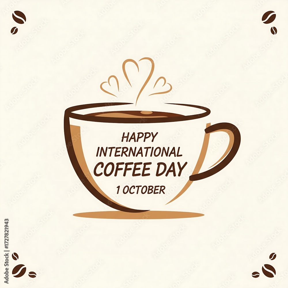 Obraz premium Happy International Coffee Day Illustration with Coffee Cup and Heart Steam