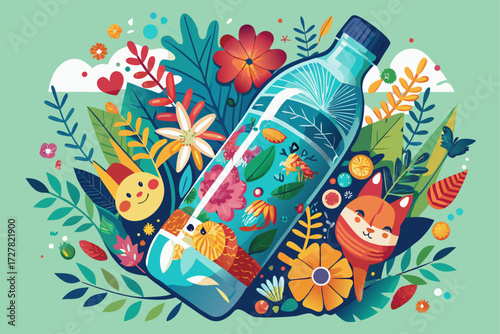 vector of Cut the bottle of soda or mineral water in half.
Cover the bottom part with paint or colored paper.
Draw animal faces (such as cats or rabbits) on it and plant flowers or plants inside.