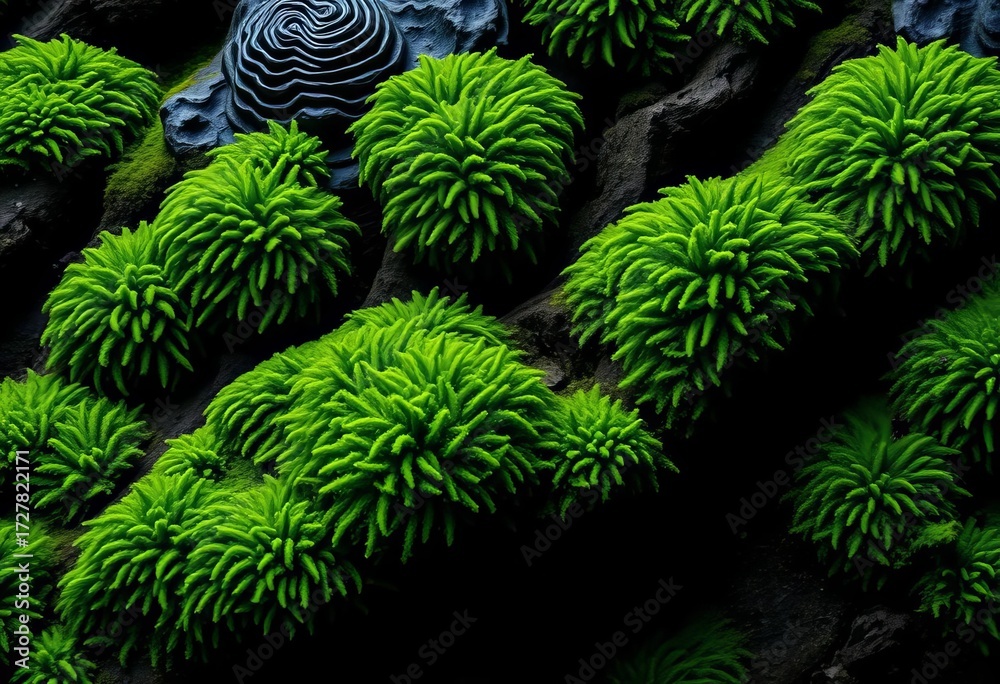 Fototapeta premium Emerald moss thrives on a deep black backdrop, black, dark green