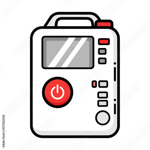 Compact portable medical device illustration with screen and controls, symbolizing essential technology for emergency healthcare, patient monitoring, and clinical diagnostic applications