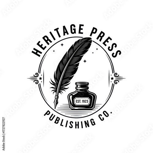 A vintage-style logo for Heritage Press Publishing Co., featuring a classic black quill pen and an inkwell within a circular frame.