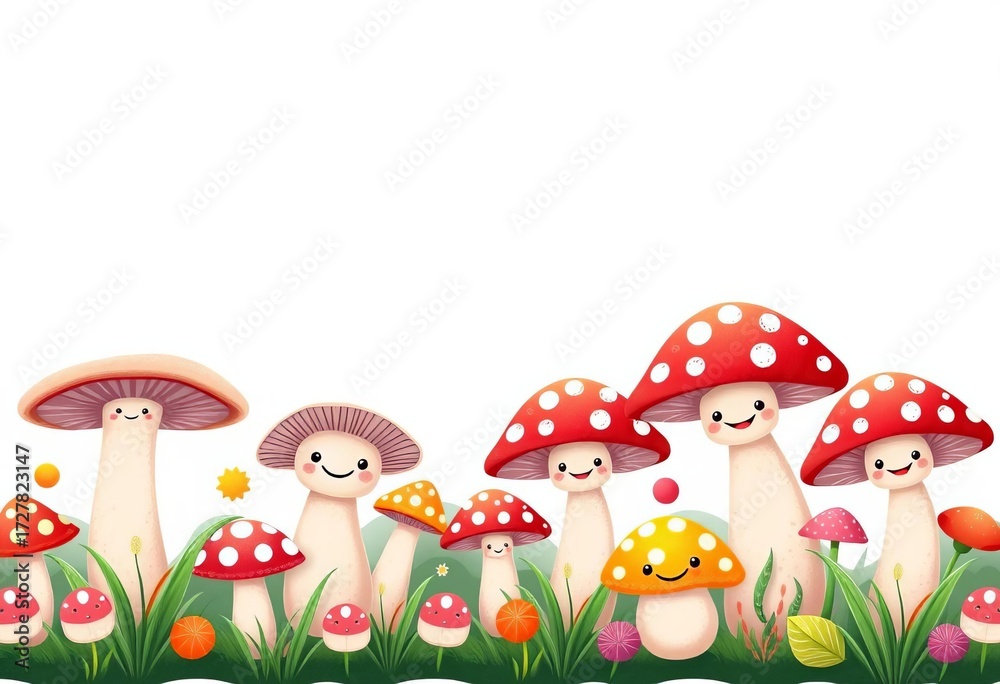 Fototapeta premium Seamless vector border of cute smiling toadstools, perfect for kids' fabric, trim, and decor, children, kawaii