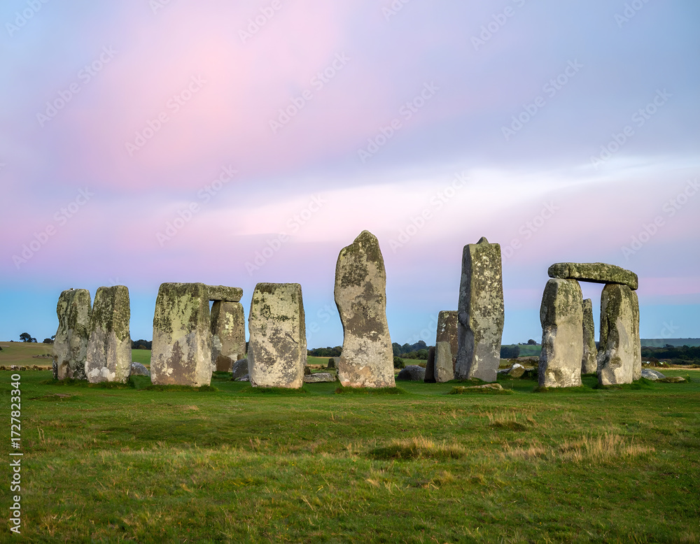 Naklejka premium Ancient Stone Circle Under Colorful Twilight Sky at Dusk