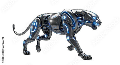 Robotic panther with blue glowing lines isolated on a white background.