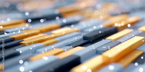 Close up of a pattern of squares and rectangles with a gold and gray color scheme. The squares are of different sizes