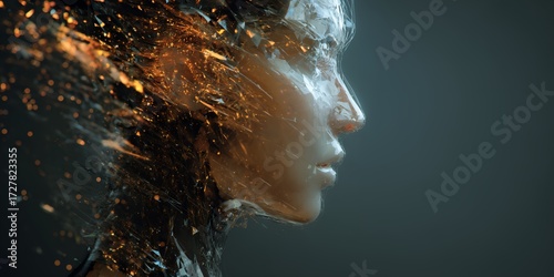 Woman's face is shown in a blurry, distorted way. The face is made up of many small pieces of glass
