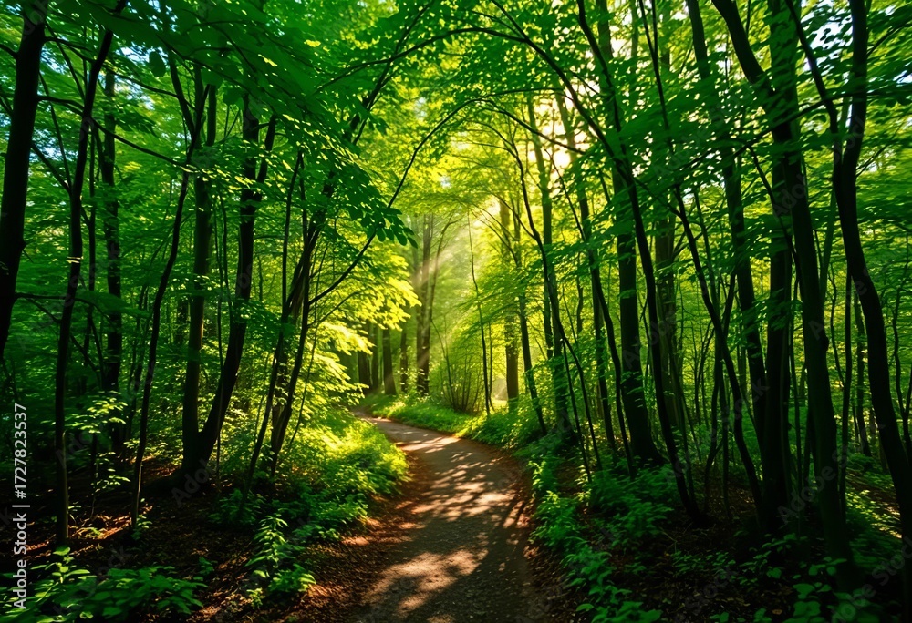 Fototapeta premium Sun-dappled forest path, winding trail through lush green canopy, leaves, digital