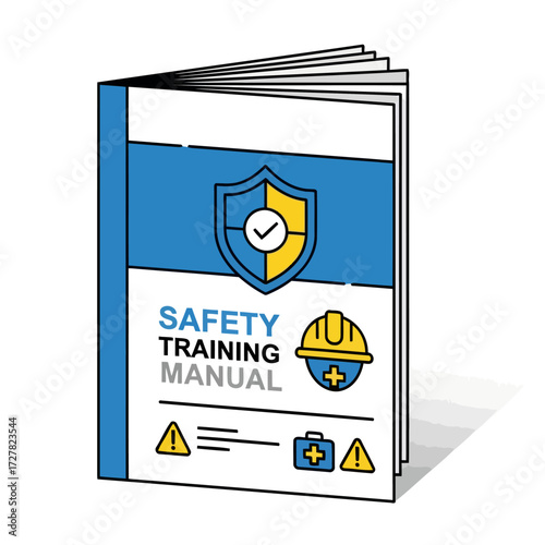 Vector illustration of a workplace safety training manual with shield, hard hat, and first aid icons. Concept of occupational health and compliance