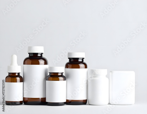 Various Brown Glass Bottles with White Labels on Light Background