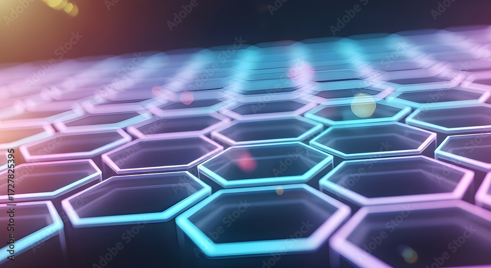 Obraz premium Dynamic abstract hexagonal grid with vibrant neon lighting creates a futuristic digital network backdrop for technology innovation and data flow concepts
